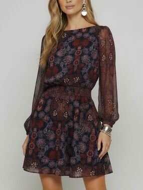 NWT VINCE CAMUTO Navy Floral Sheer Long Sleeve Smocked Waist Lined Dress Size 8